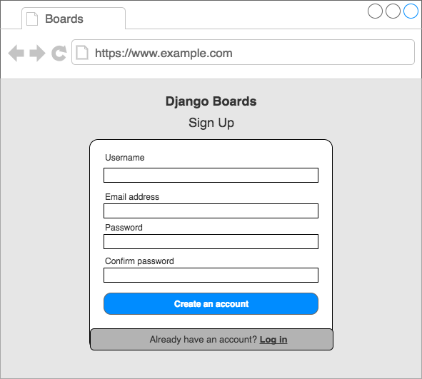 Wireframe sign up page